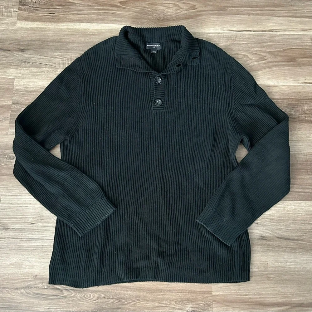 BANANA REPUBLIC 1/3 Button Pop On Knit Ribbed Black Sweater Men Size XL